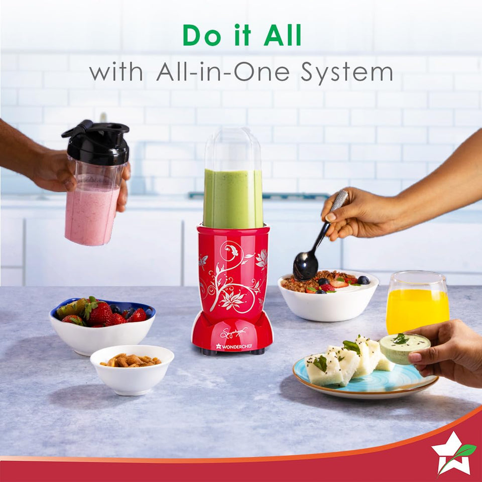 Wonderchef Nutri-Blend 63154888 red mixer grinder surrounded by smoothies, snacks and chutney in an all-in-one system scene