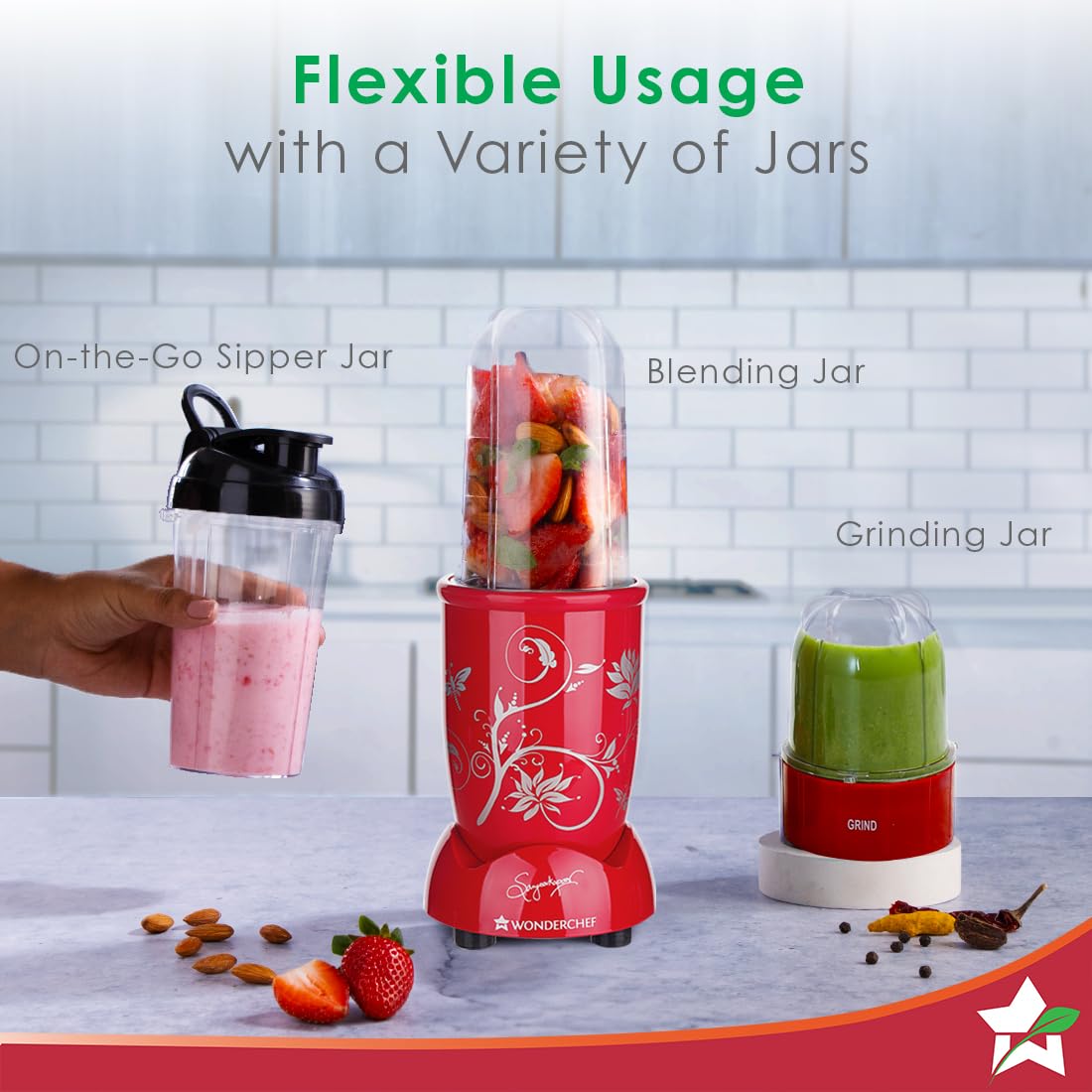 Wonderchef Nutri-Blend 63154888 with labelled on-the-go sipper jar, blending jar and grinding jar on a kitchen counter