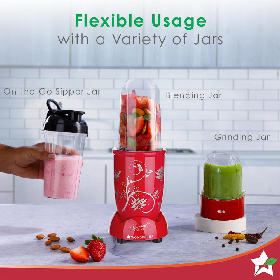 Wonderchef Nutri-Blend 63154888 with labelled on-the-go sipper jar, blending jar and grinding jar on a kitchen counter