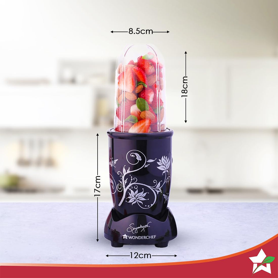 Wonderchef Nutri-blend 60018330 mixer grinder with dimension markings for the base and tall blending jar