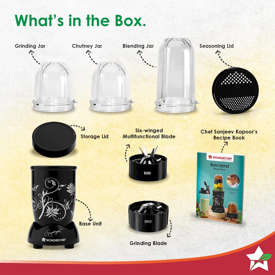 Wonderchef Nutri-blend 60018330 what's in the box: jars, lids, blades, base unit and recipe book