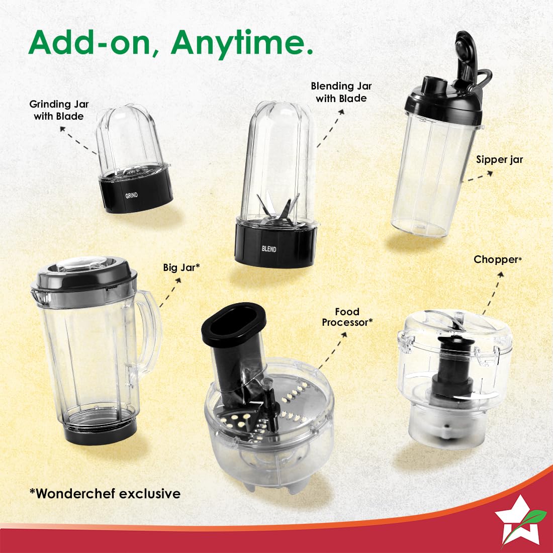 Wonderchef Nutri-blend 60018330 add-on options including sipper jar, big jar, food processor and chopper