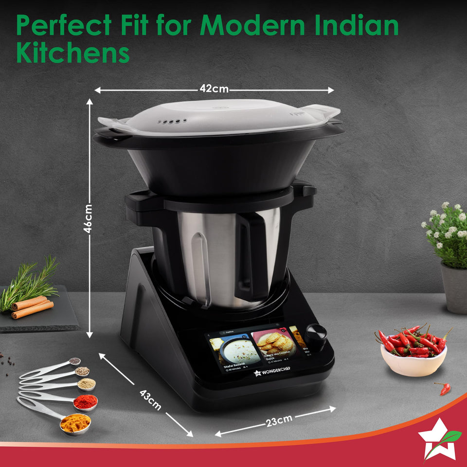 Wonderchef Chef Magic K7 with dimension callouts of 42 cm, 46 cm, 43 cm and 23 cm on a kitchen counter