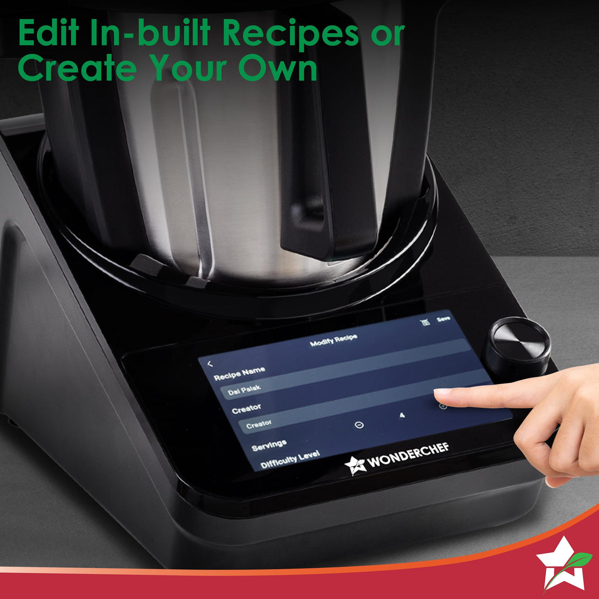 Wonderchef Chef Magic K7 touchscreen showing the Modify Recipe screen for editing or creating recipes