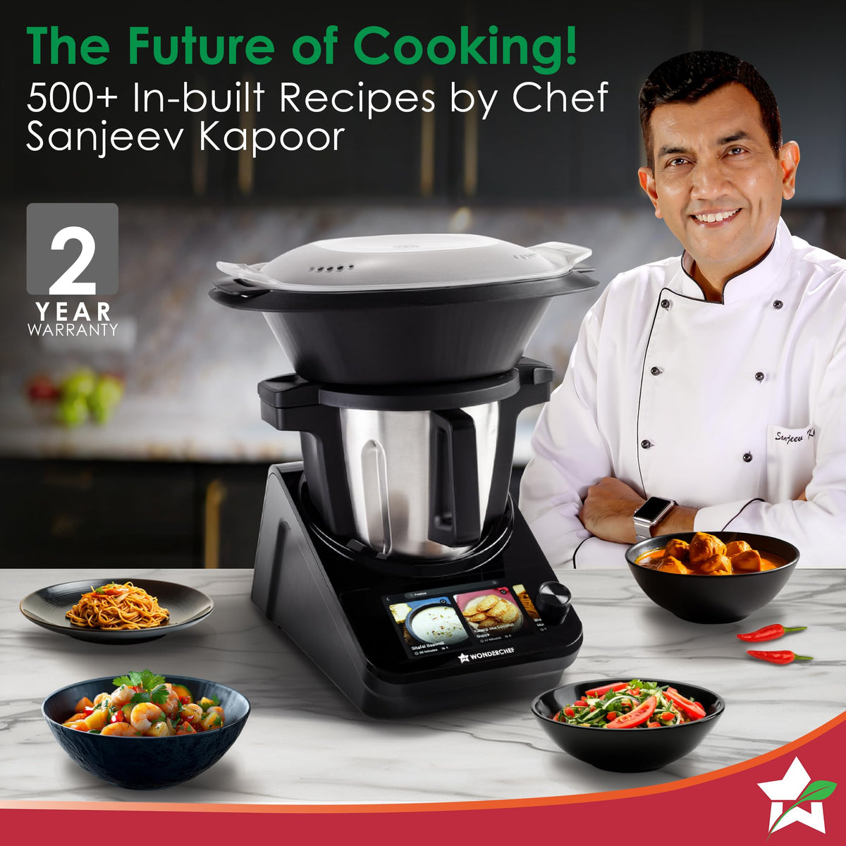 Wonderchef Chef Magic K7 on a marble counter with prepared dishes, 500+ in-built recipes banner and 2 year warranty badge