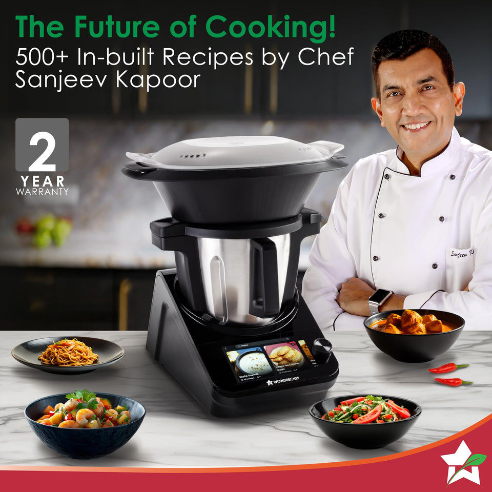 Wonderchef Chef Magic K7 on a marble counter with prepared dishes, 500+ in-built recipes banner and 2 year warranty badge