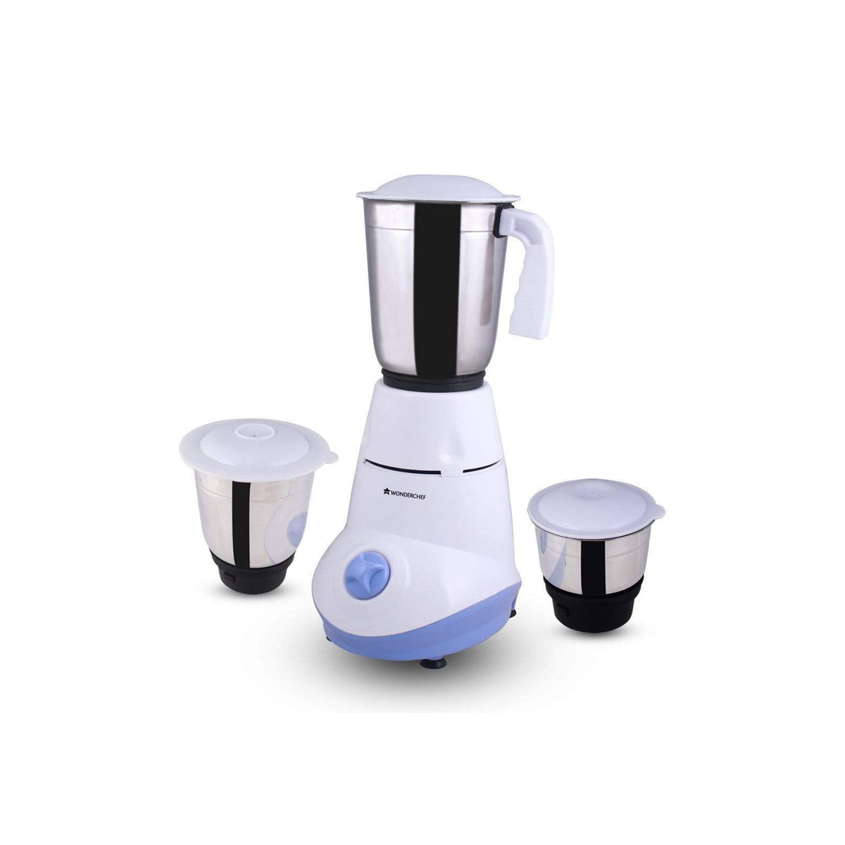 Wonderchef Capri 63153025 mixer grinder in white and blue with three stainless steel jars and lids