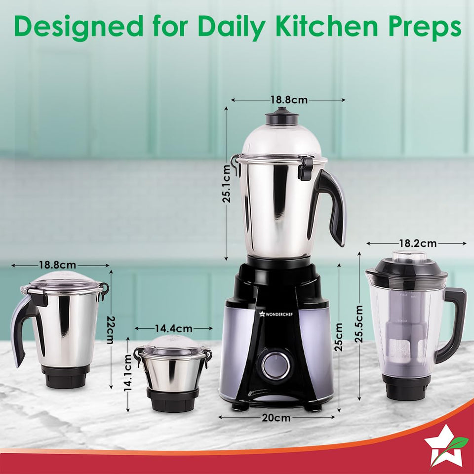 Wonderchef Galaxy 63154818 mixer grinder with the dimensions of the base and each jar marked in centimetres