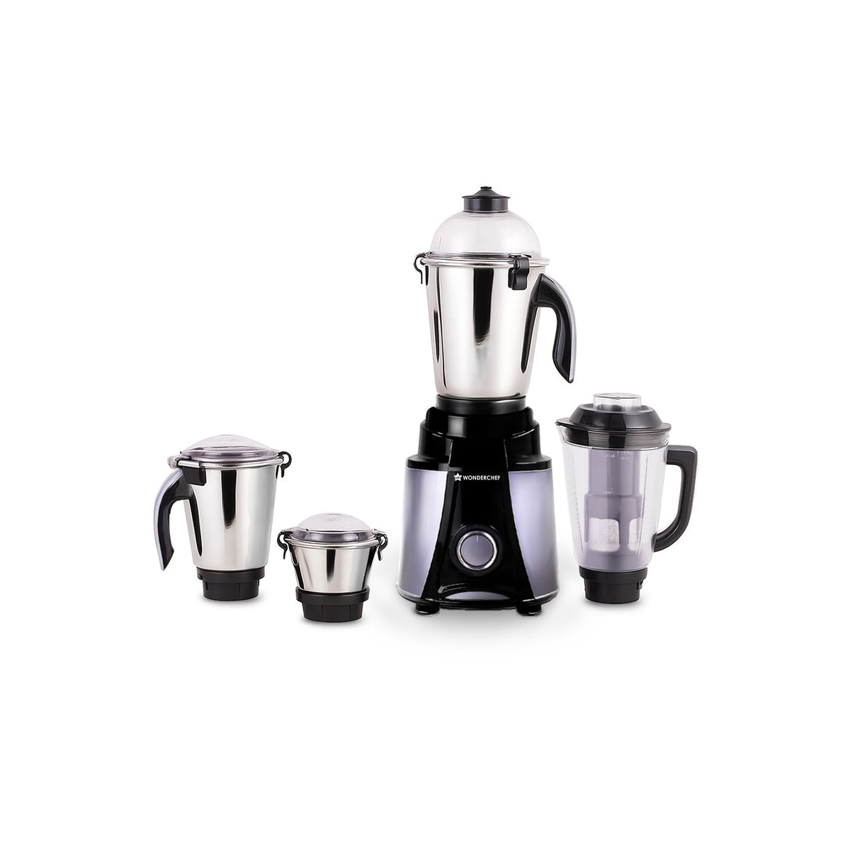 Wonderchef Galaxy 63154818 mixer grinder with its four jars arranged around the black and grey motor base