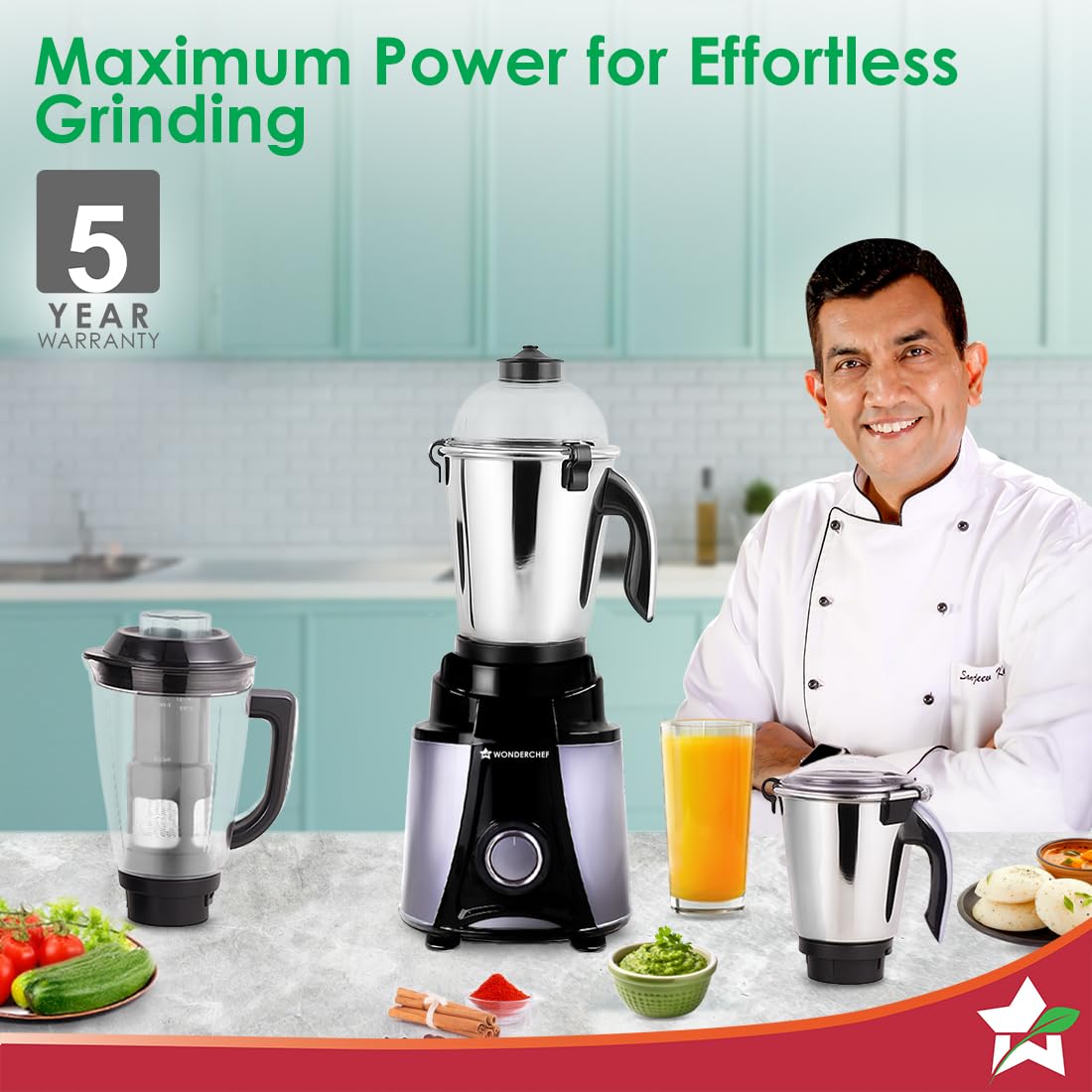 Wonderchef Galaxy 63154818 mixer grinder on a kitchen counter with jars, a glass of juice and a 5 year warranty badge