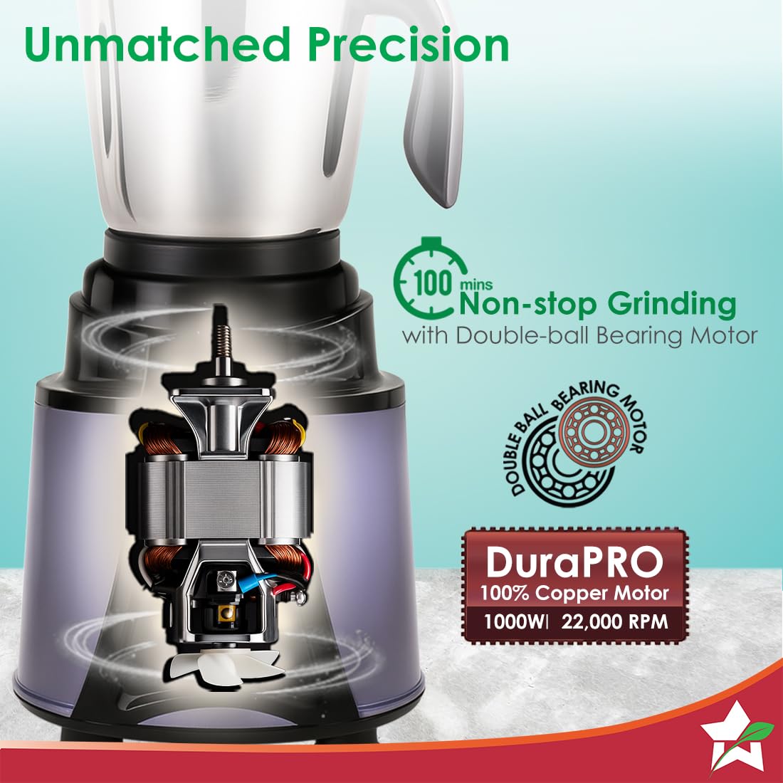 Cutaway of the Wonderchef Galaxy 63154818 motor showing the DuraPRO 100% copper motor and double ball bearing