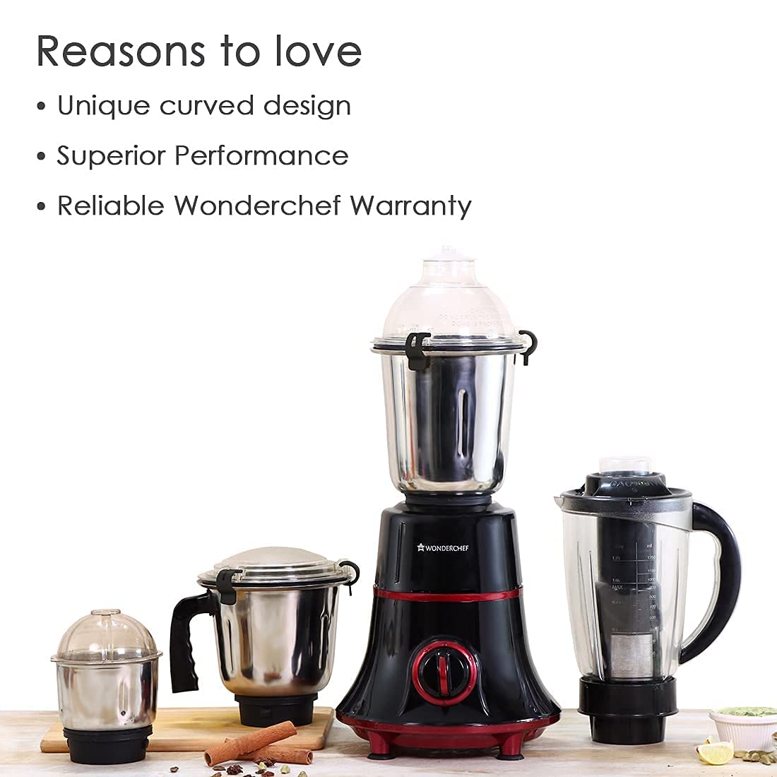 Wonderchef Glory 63153728 mixer grinder with four jars and a Reasons to love list covering curved design, performance and warranty