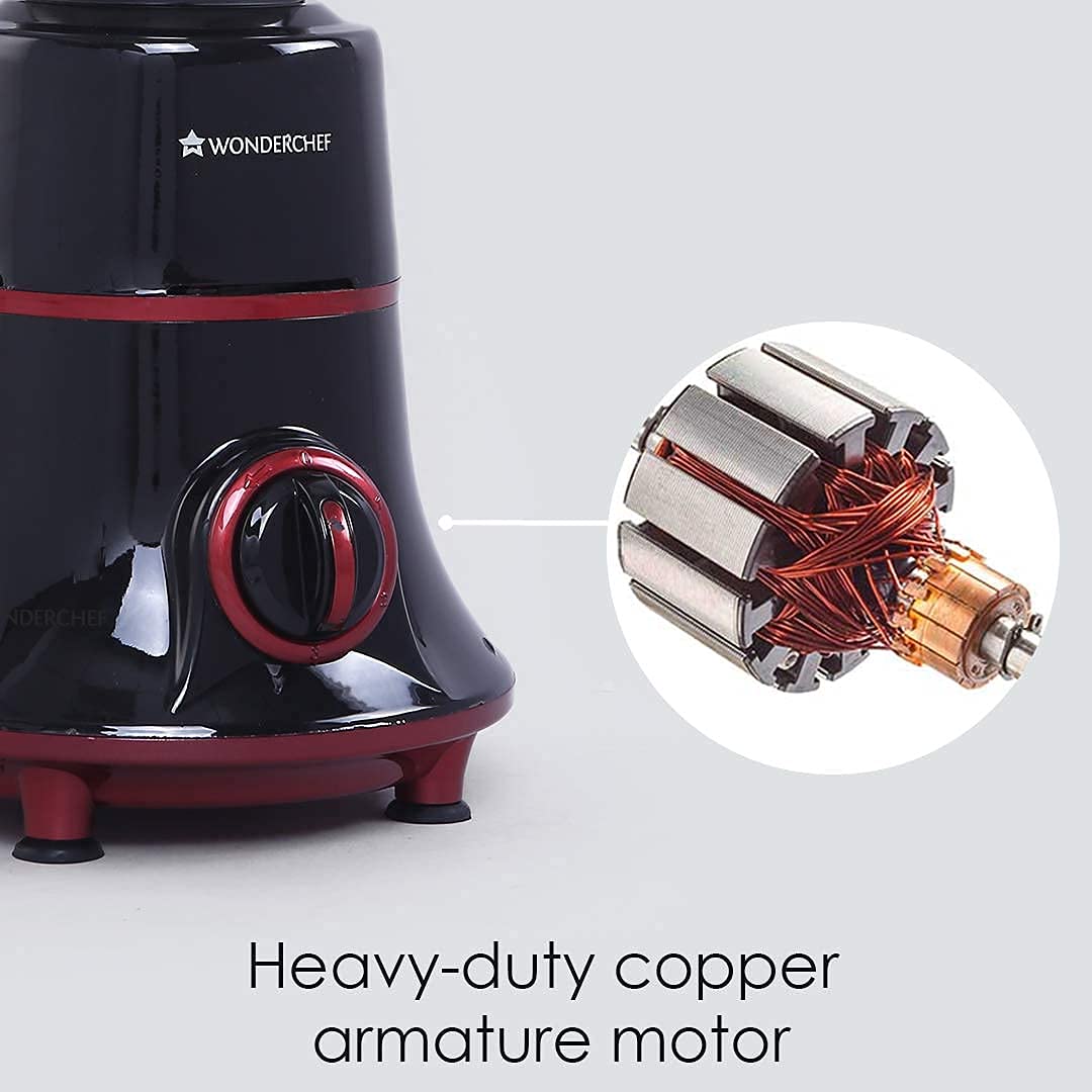 Close-up of the Wonderchef Glory 63153728 body and speed dial with an inset of the heavy-duty copper armature motor