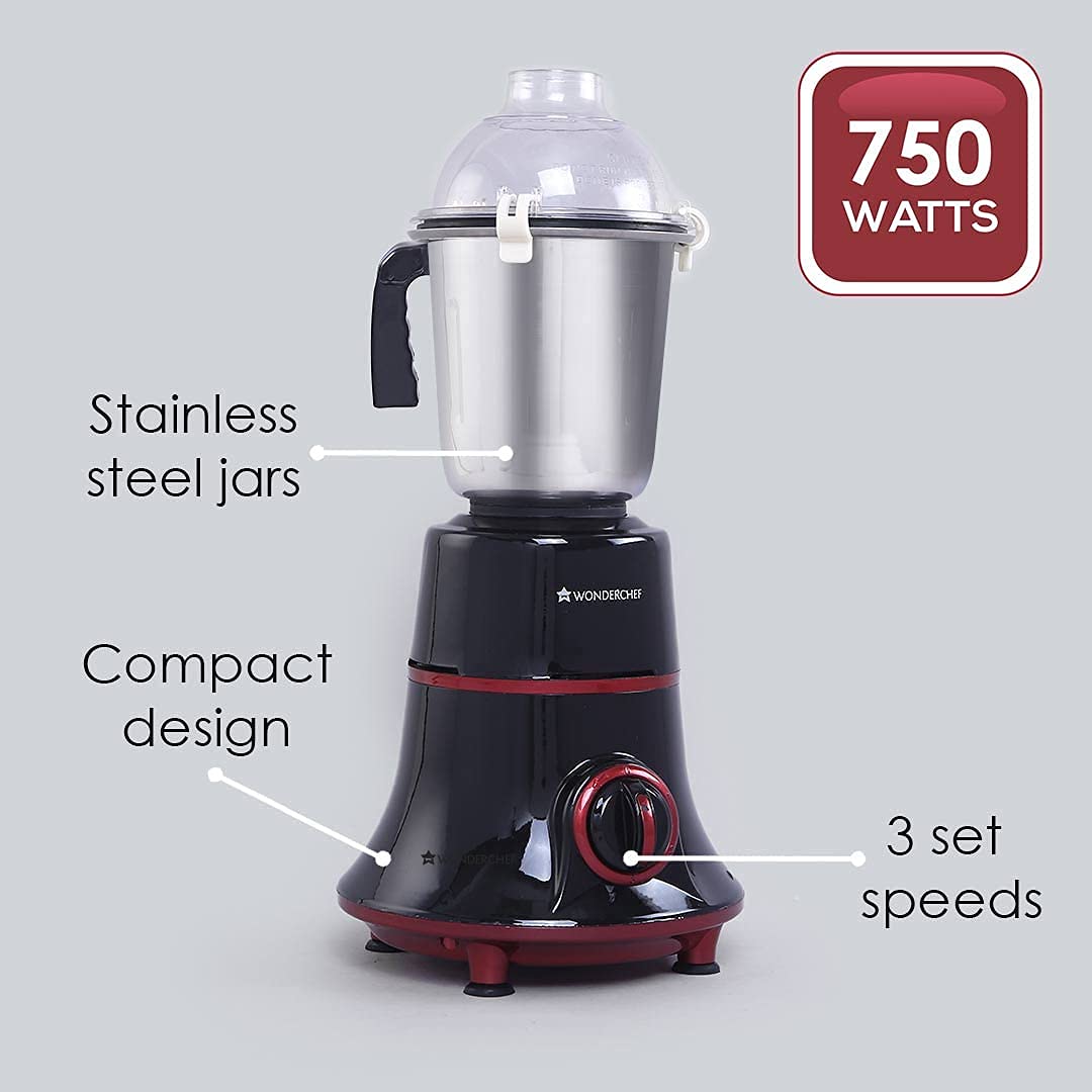 Wonderchef Glory 63153728 mixer grinder base with a stainless steel jar, labelled 750 watts, stainless steel jars, compact design and 3 set speeds