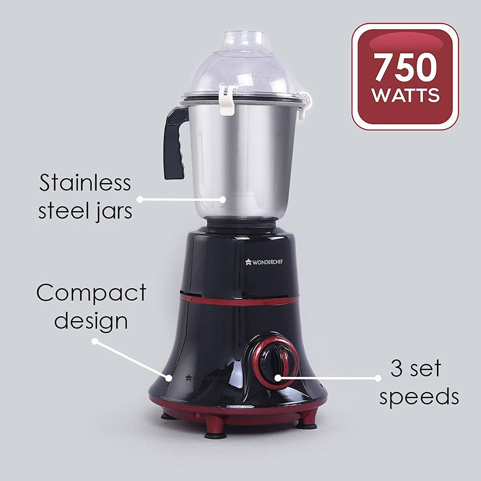Wonderchef Glory 63153728 mixer grinder base with a stainless steel jar, labelled 750 watts, stainless steel jars, compact design and 3 set speeds