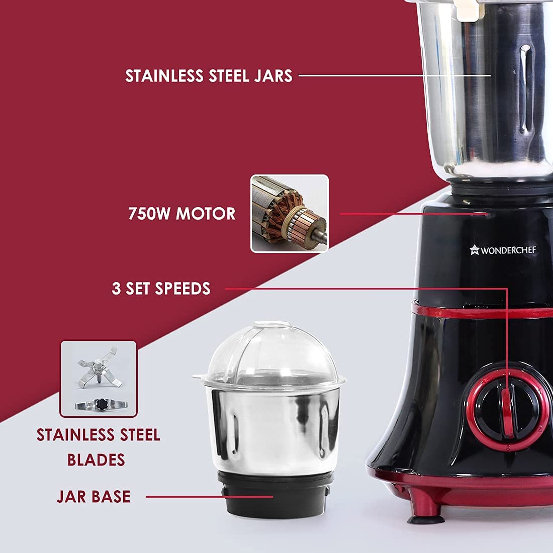 Wonderchef Glory 63153728 callout image showing stainless steel jars, 750 W motor, 3 set speeds, stainless steel blades and jar base
