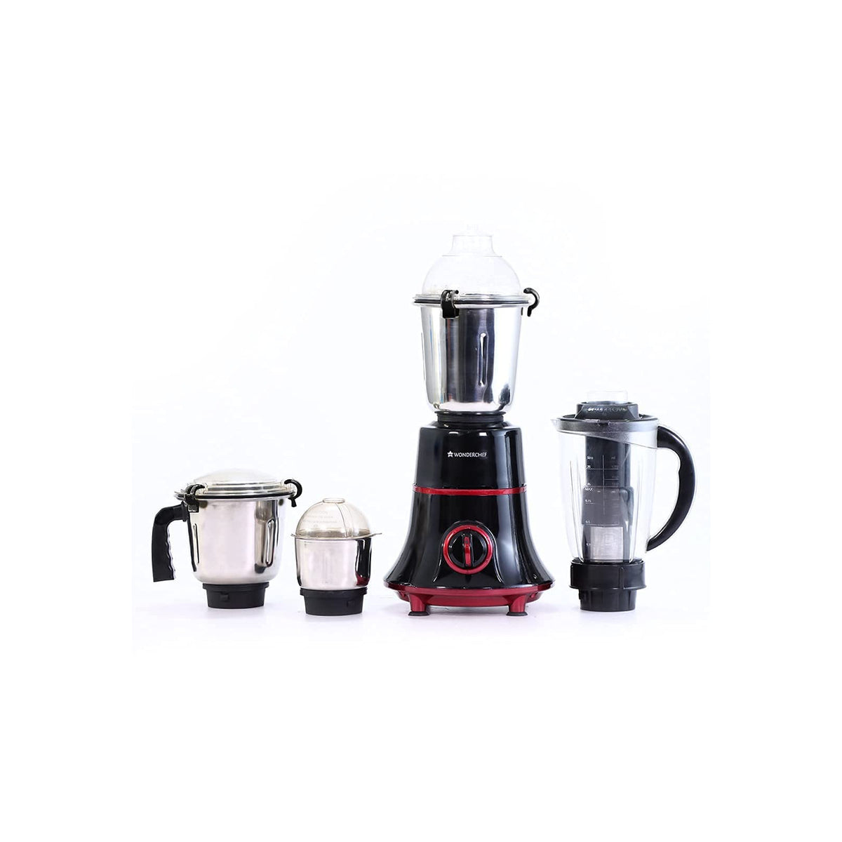 Wonderchef Glory 63153728 mixer grinder with its motor base and three stainless steel jars plus a blending jug on a white background