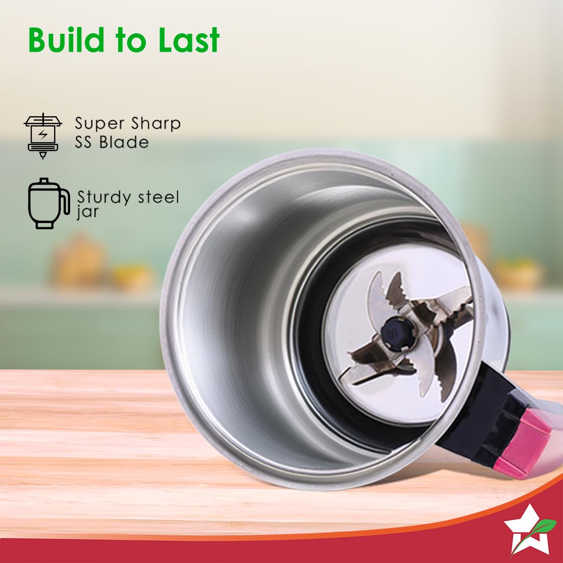 Close-up of the stainless steel jar and sharp blade of the Wonderchef Select 63154957 mixer grinder