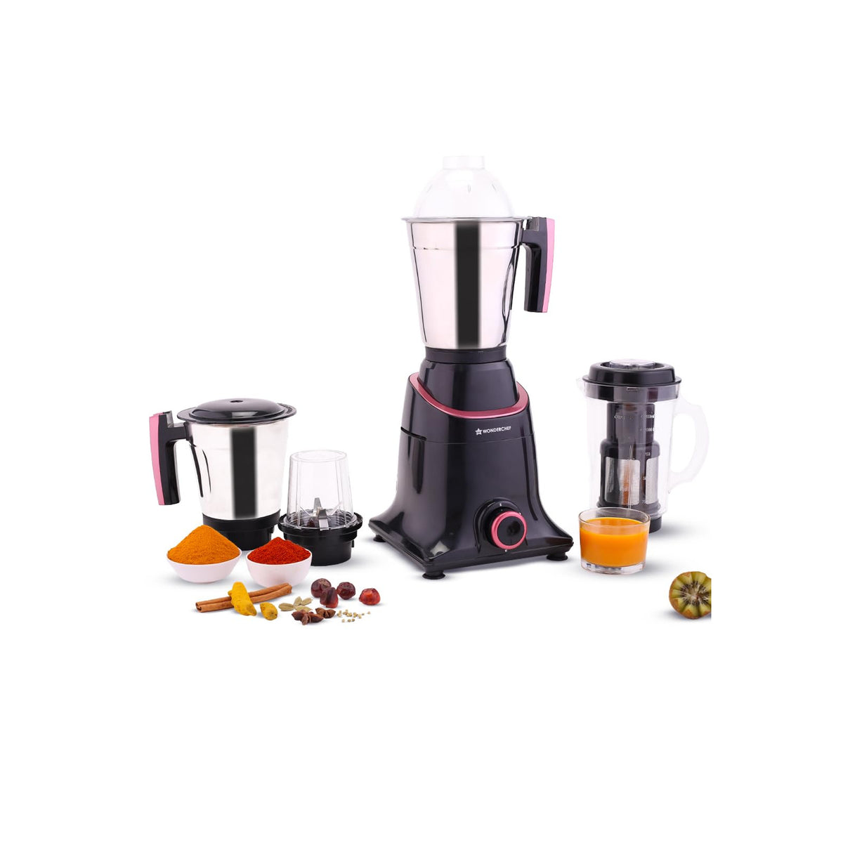 Wonderchef Select 63154957 mixer grinder base with four jars, spices and fresh juice on a white background