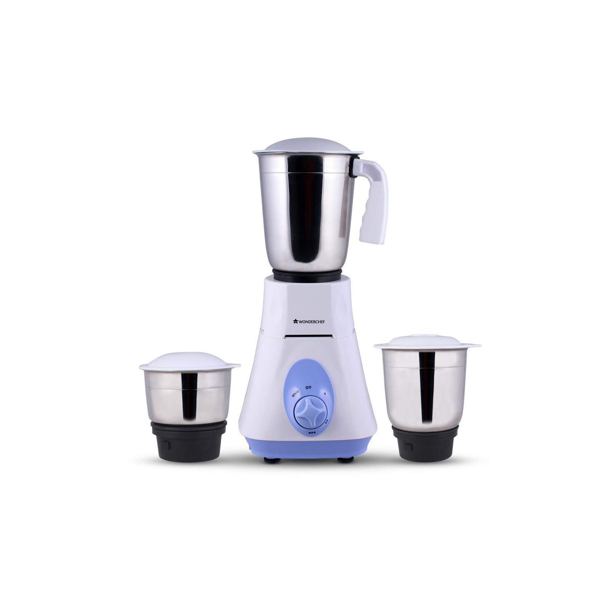 Wonderchef Vietri 63153026 500 W mixer grinder in blue and white with three stainless steel jars and lids on a white background