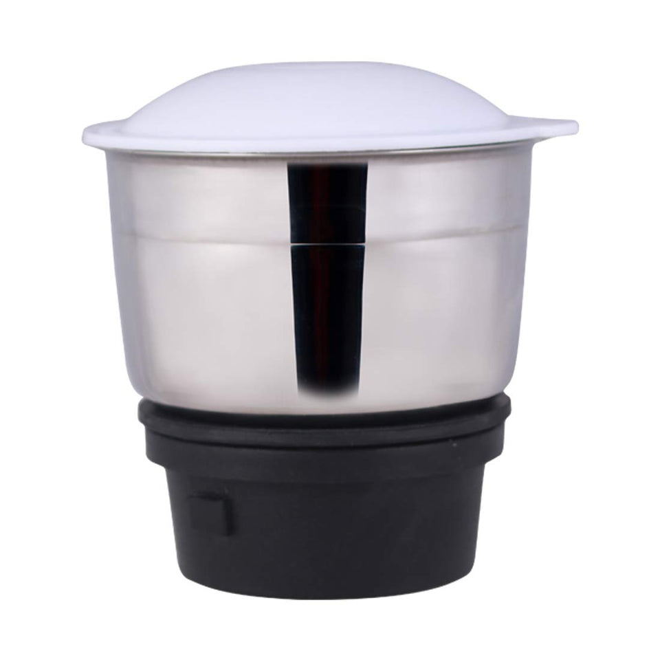 Wider, shorter stainless steel jar with white lid and black base for the Wonderchef Vietri 63153026 mixer grinder