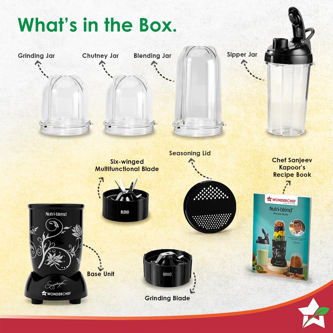 Wonderchef Nutri-blend 63154887 what's in the box: base unit, jars, blades, seasoning lid and recipe book