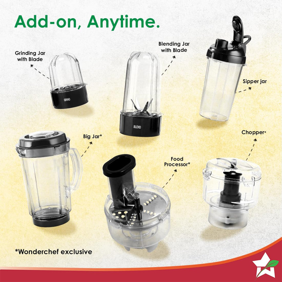 Wonderchef Nutri-Blend jars with blades and optional add-ons: big jar, food processor and chopper