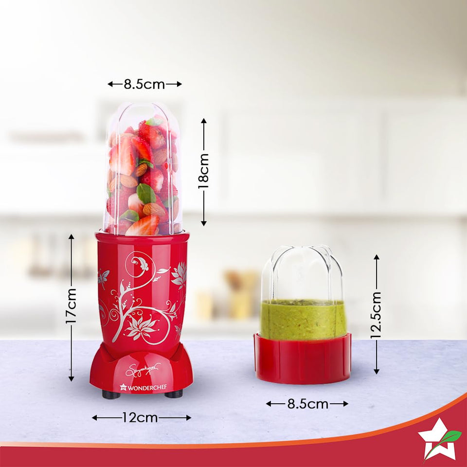 Wonderchef Nutri-Blend 63152173 with dimensions marked on the base, tall jar and short grinding jar