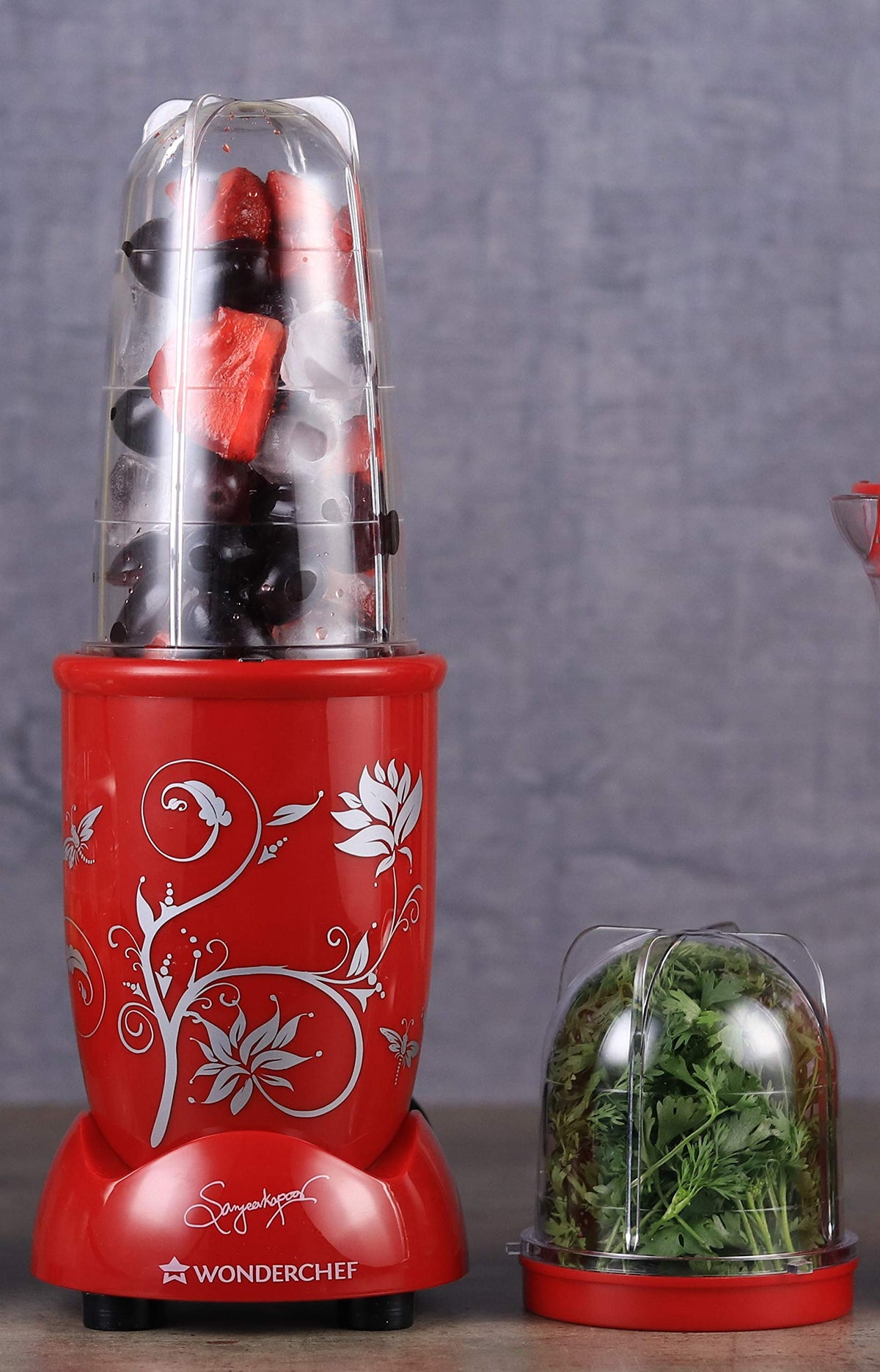 Wonderchef Nutri-Blend 63152173 red base with floral print holding a tall jar of fruit and ice, beside a short jar of coriander