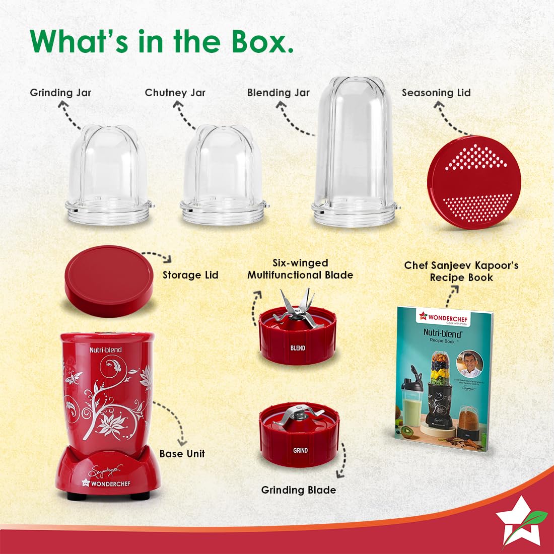 Wonderchef Nutri-Blend 63152173 what's in the box: three jars, seasoning lid, storage lid, two blades, base unit and recipe book