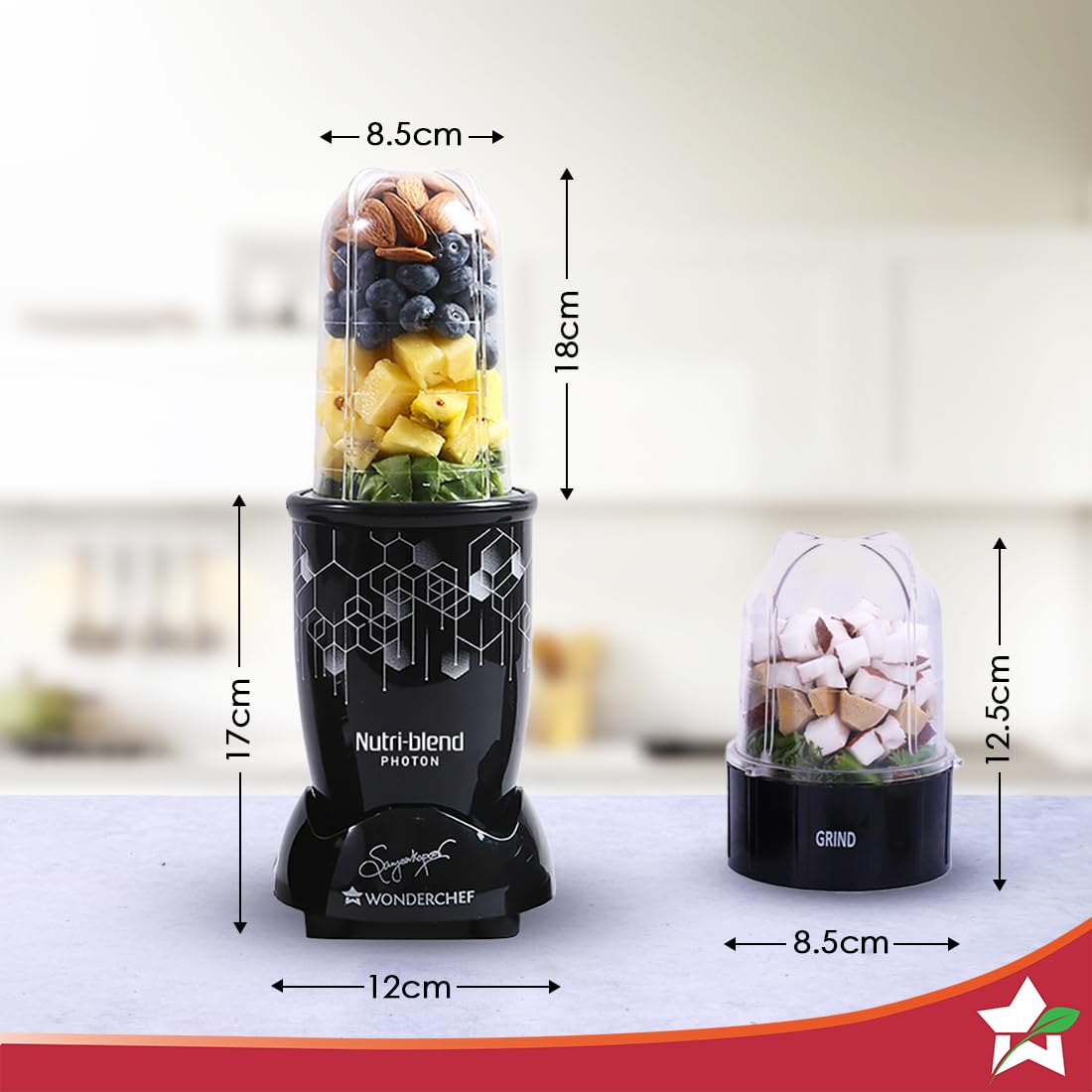 Wonderchef Nutri-Blend Photon 63154603 with tall blending jar and short grinding jar, with dimensions marked