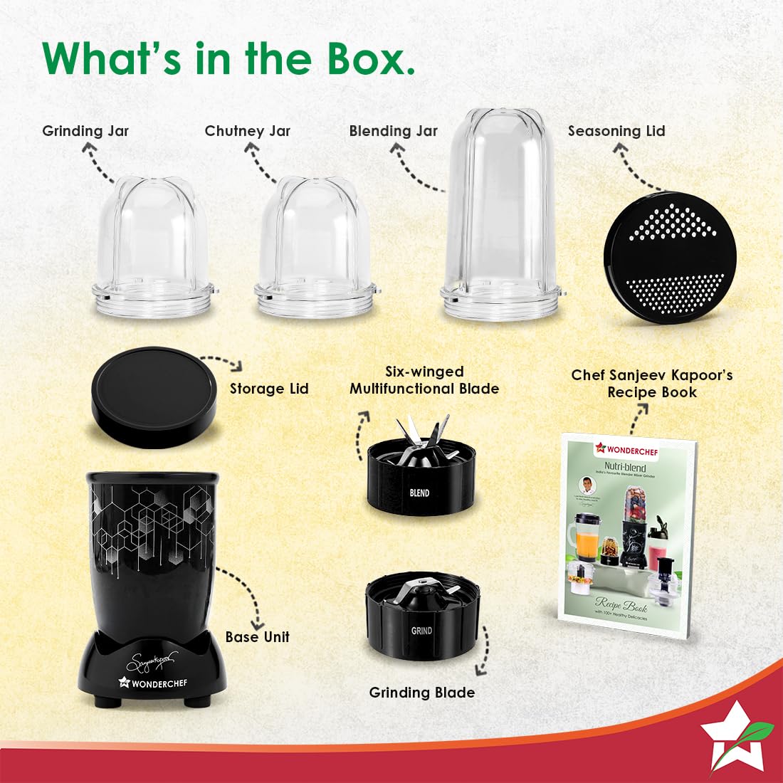 Wonderchef Nutri-Blend Photon 63154603 what's in the box: jars, lids, blades, base unit and recipe book