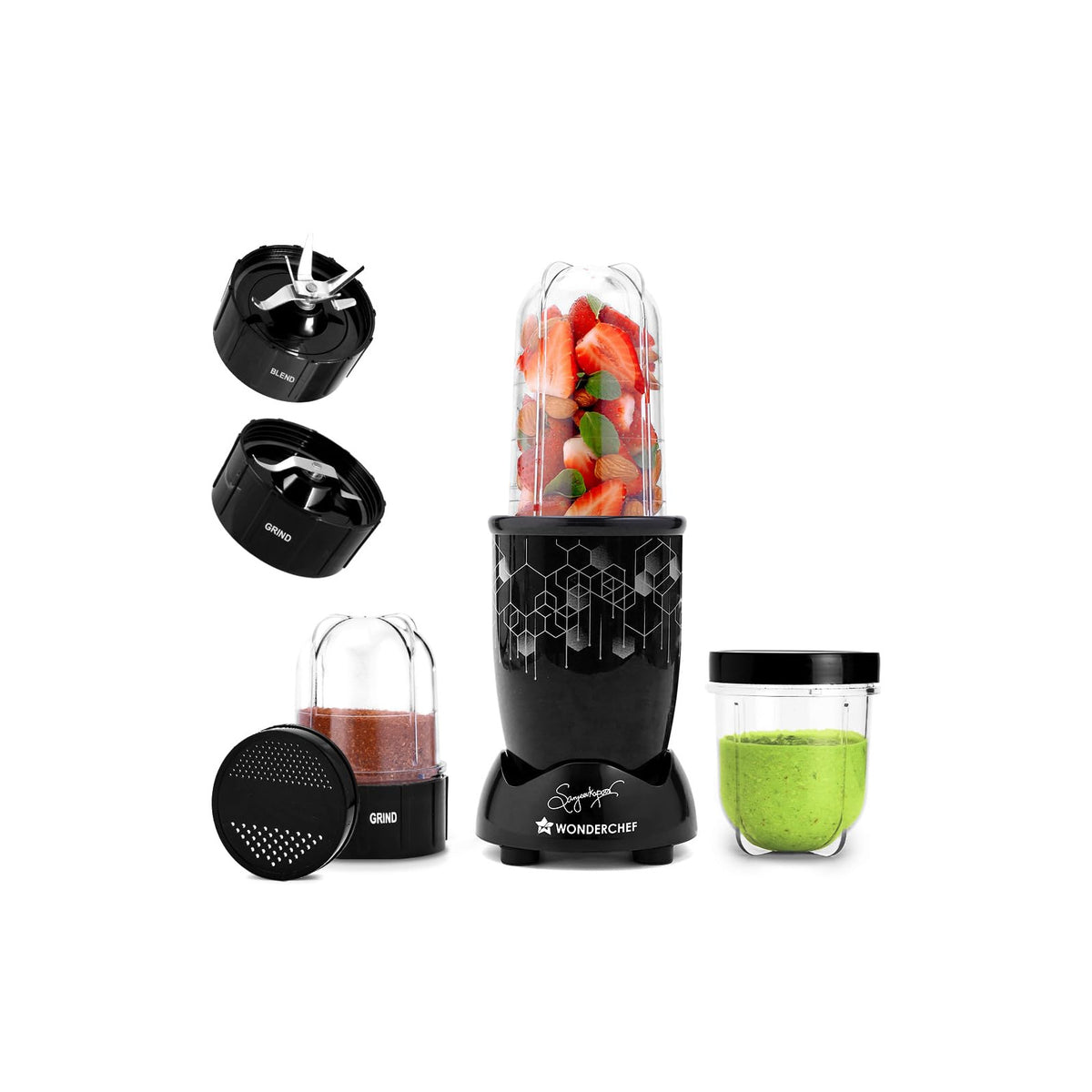 Wonderchef Nutri-Blend Photon 63154603 black base with blending jar of strawberries and almonds, grinding jar, blades, lid and smoothie cup