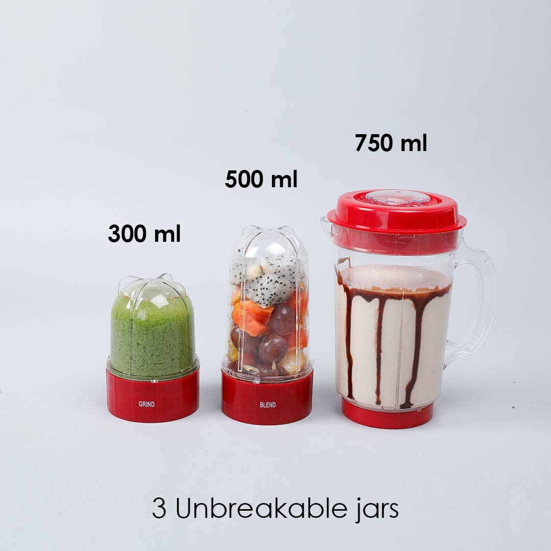 Wonderchef Nutri-blend 63152296 jars shown with 300 ml grind, 500 ml blend and 750 ml mixer capacities