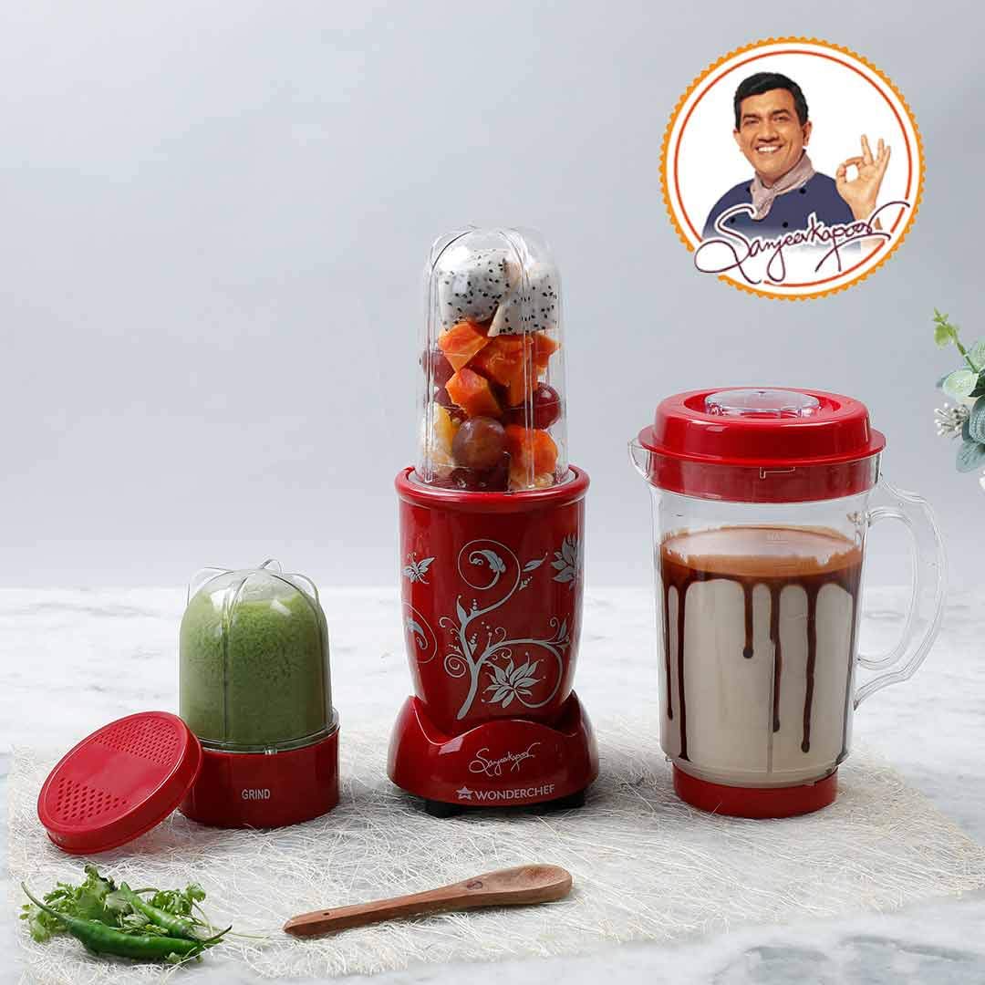 Wonderchef Nutri-blend 63152296 styled with fruit, green chutney and chocolate shake, with Chef Sanjeev Kapoor logo