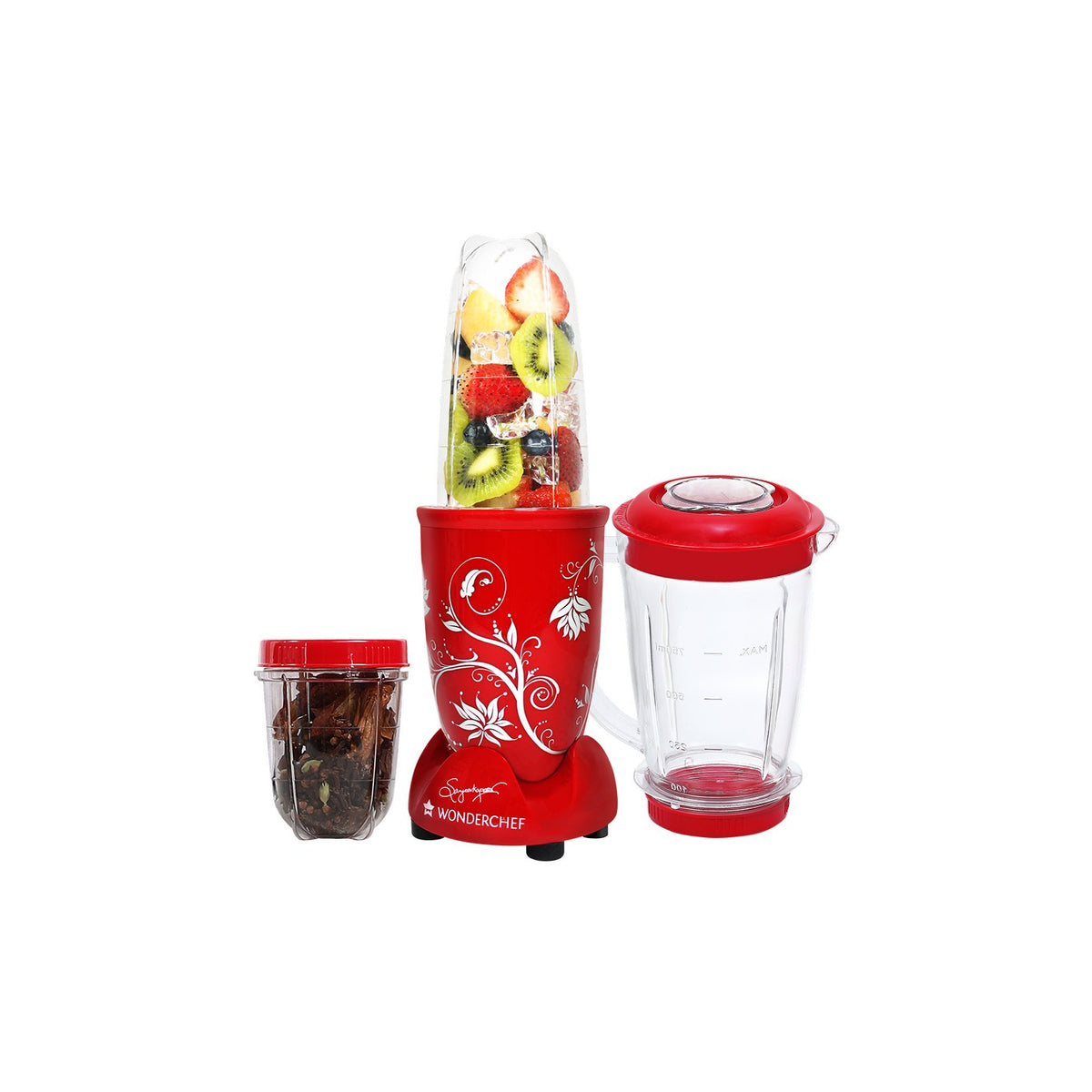 Wonderchef Nutri-blend 63152296 red mixer grinder with fruit-filled tall jar, spice-filled short jar and 750 ml mixer jar