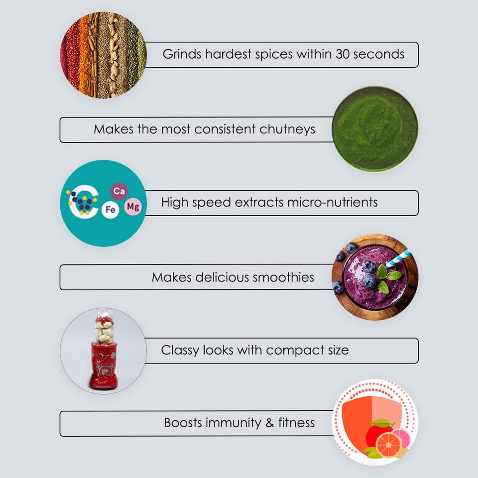 Wonderchef Nutri-blend 63152296 benefits infographic: spice grinding, chutneys, smoothies and compact size