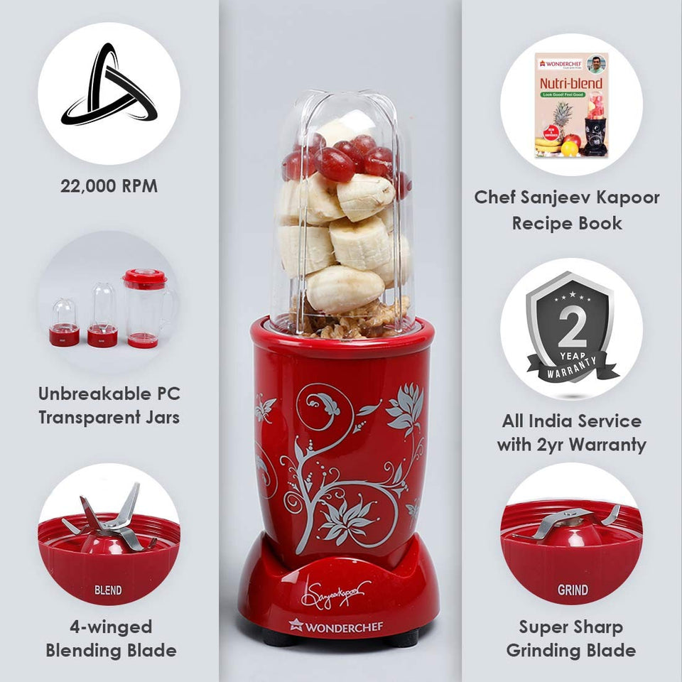 Wonderchef Nutri-blend 63152296 with callouts for 22,000 RPM, unbreakable jars, blending and grinding blades, recipe book and 2-year warranty