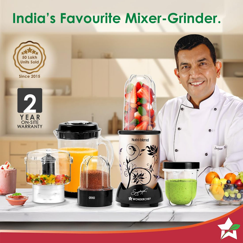 Wonderchef Nutri-blend CKM 63152720 set on a kitchen counter with chef Sanjeev Kapoor, 50 lakh units sold badge and 2 year on-site warranty badge