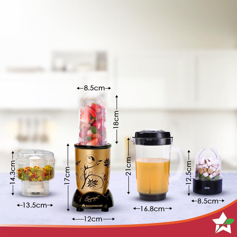Wonderchef Nutri-blend CKM 63152720 with dimensions marked for the motor base, long jar, juicer jar, chopper and grinding jar