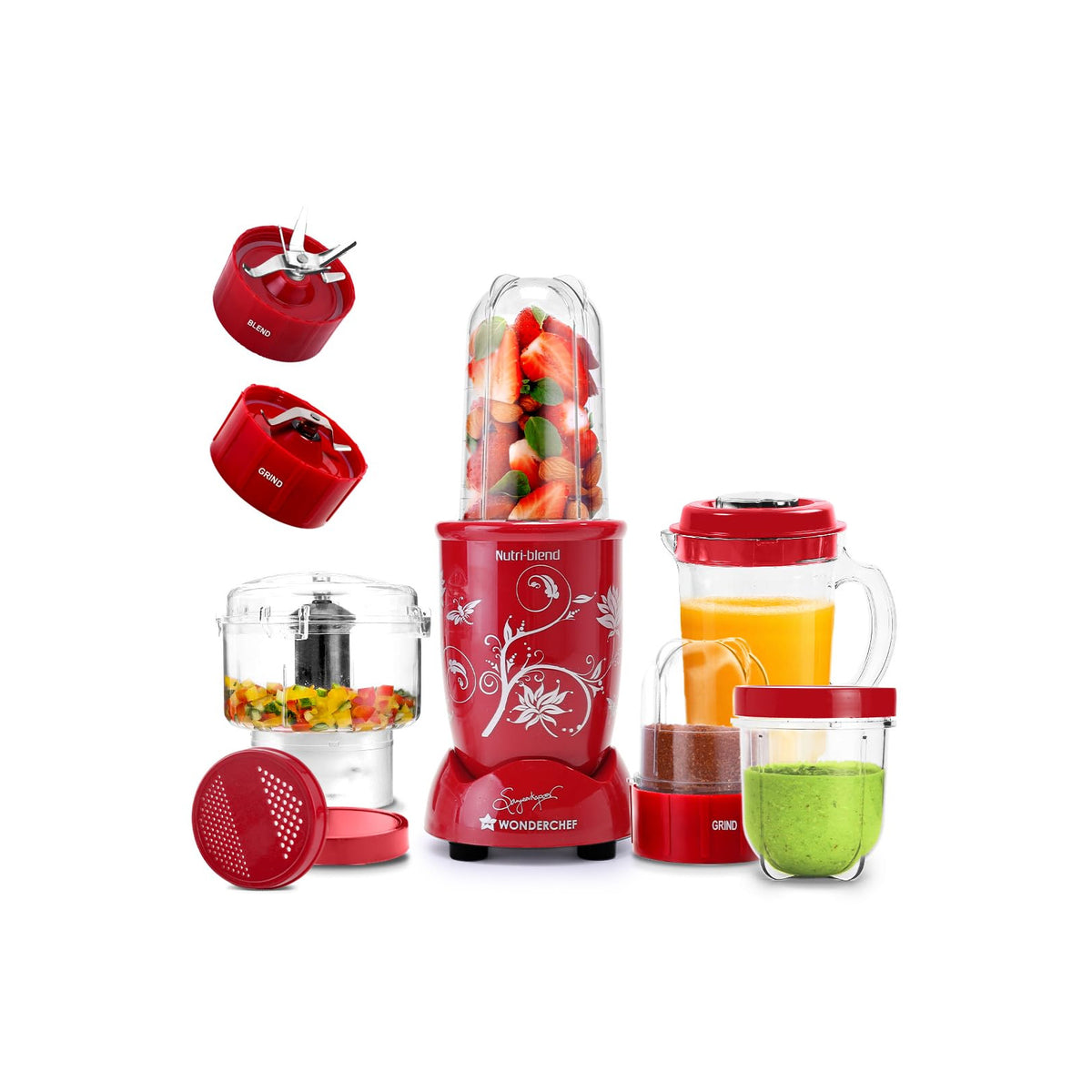 Wonderchef Nutri-blend CKM 63152746 red base unit with blending jar, big mixer jar, chopper, grinding jar, blades and lids