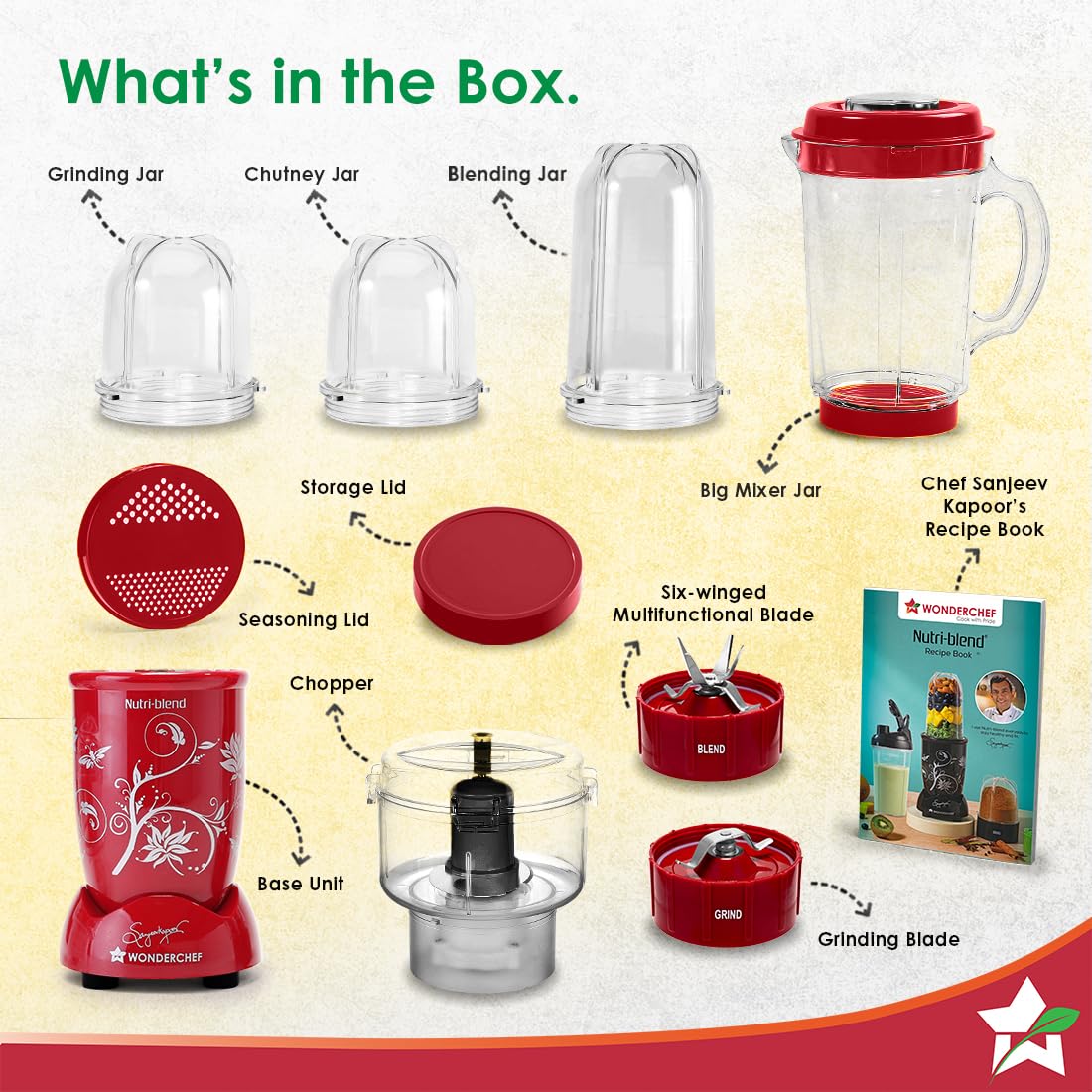Wonderchef Nutri-blend CKM 63152746 what's in the box: jars, chopper, lids, blades, base unit and recipe book