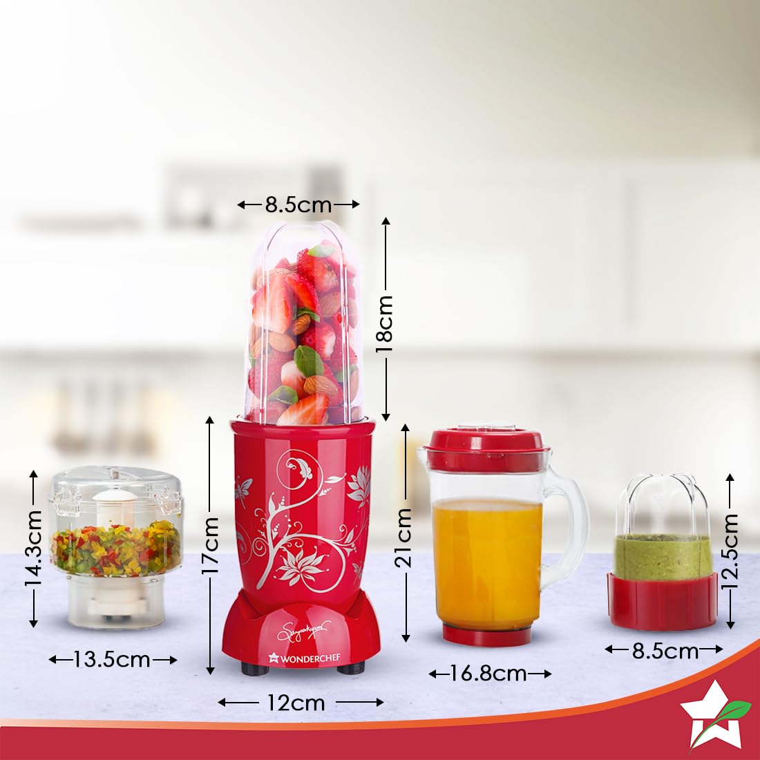 Wonderchef Nutri-blend CKM 63152746 with dimensions marked for the base, blending jar, chopper, big mixer jar and grinding jar