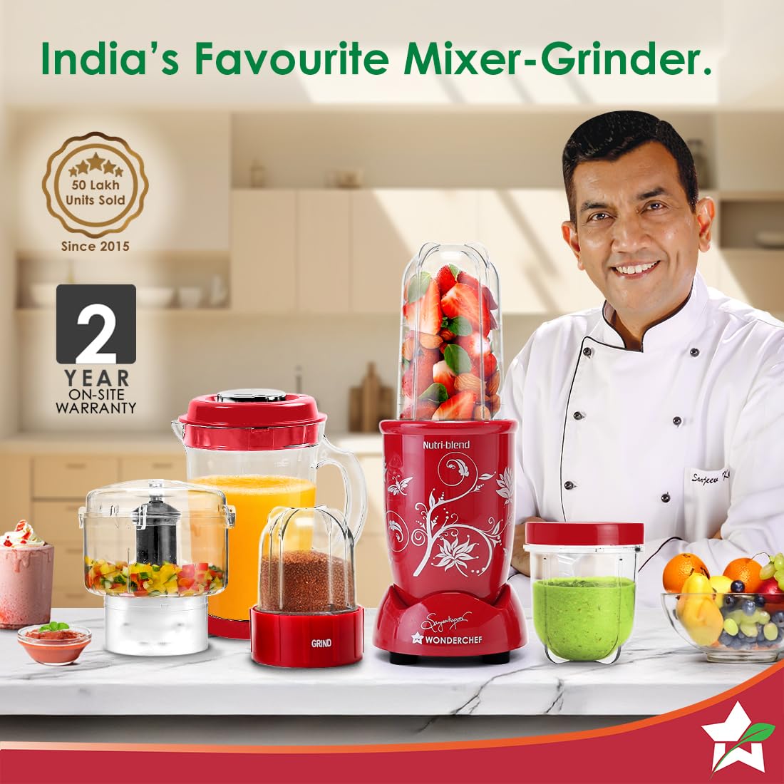 Wonderchef Nutri-blend CKM 63152746 red set on a kitchen counter with chef Sanjeev Kapoor and 2-year on-site warranty badge