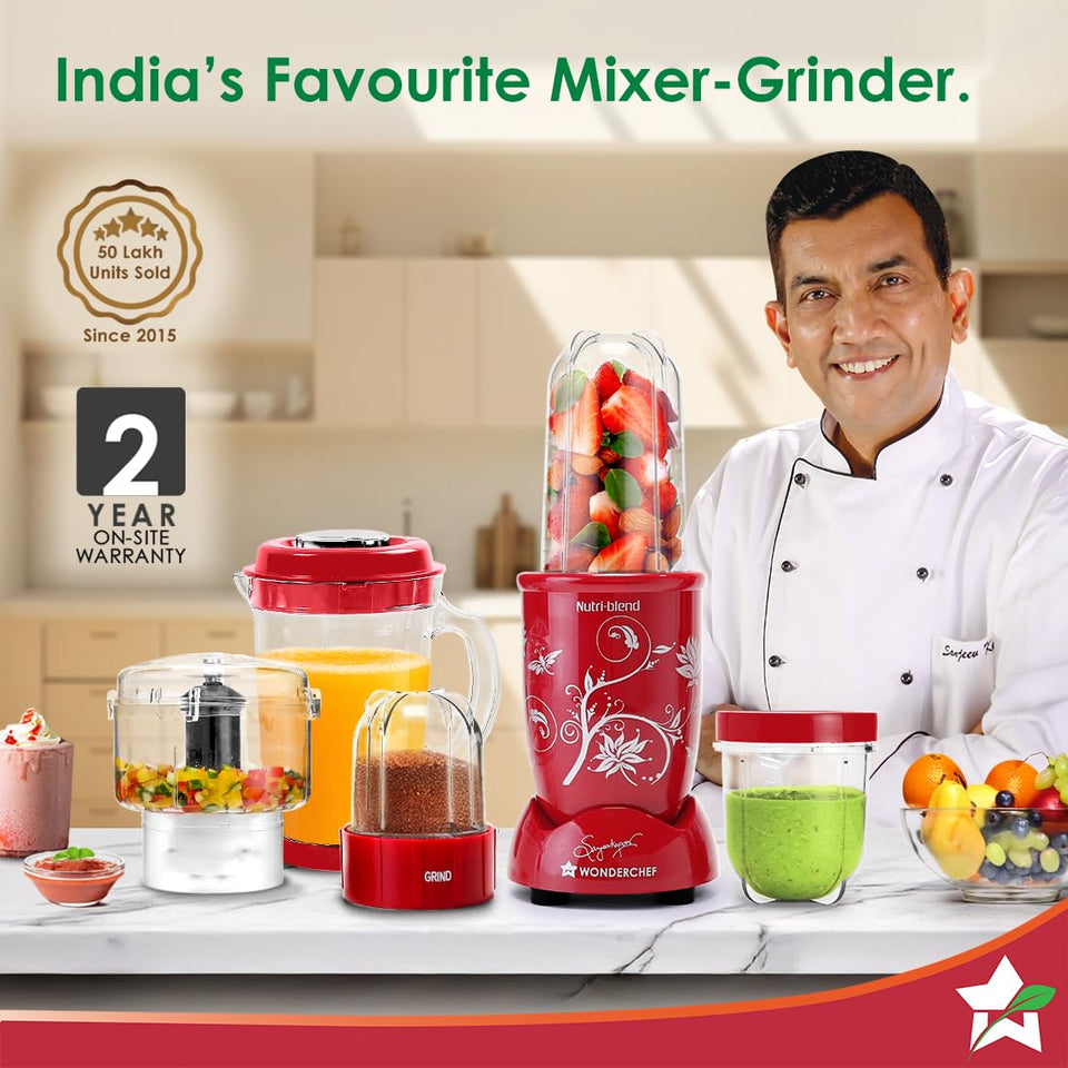 Wonderchef Nutri-blend CKM 63152746 red set on a kitchen counter with chef Sanjeev Kapoor and 2-year on-site warranty badge