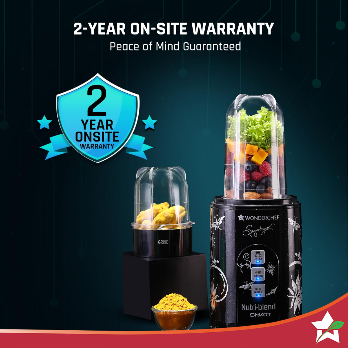 Wonderchef Nutri-blend Smart mixer grinder with tall blending jar and short grind jar beside a 2-year on-site warranty badge