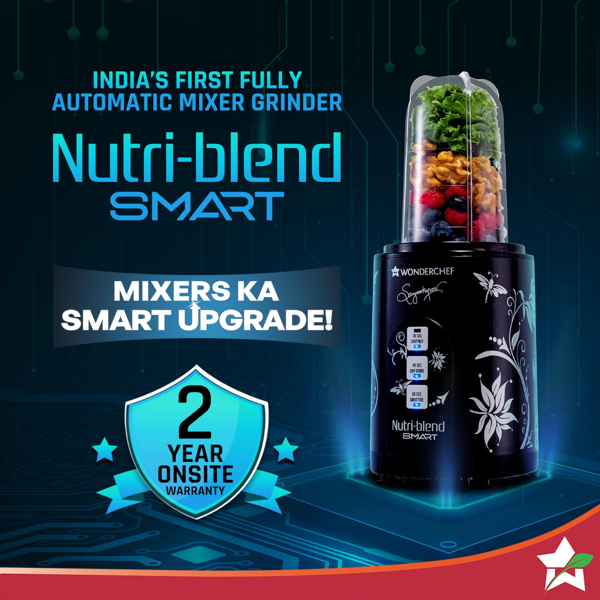 Wonderchef Nutri-blend Smart black mixer grinder with its tall jar of fruit and nuts, labelled as a fully automatic mixer grinder