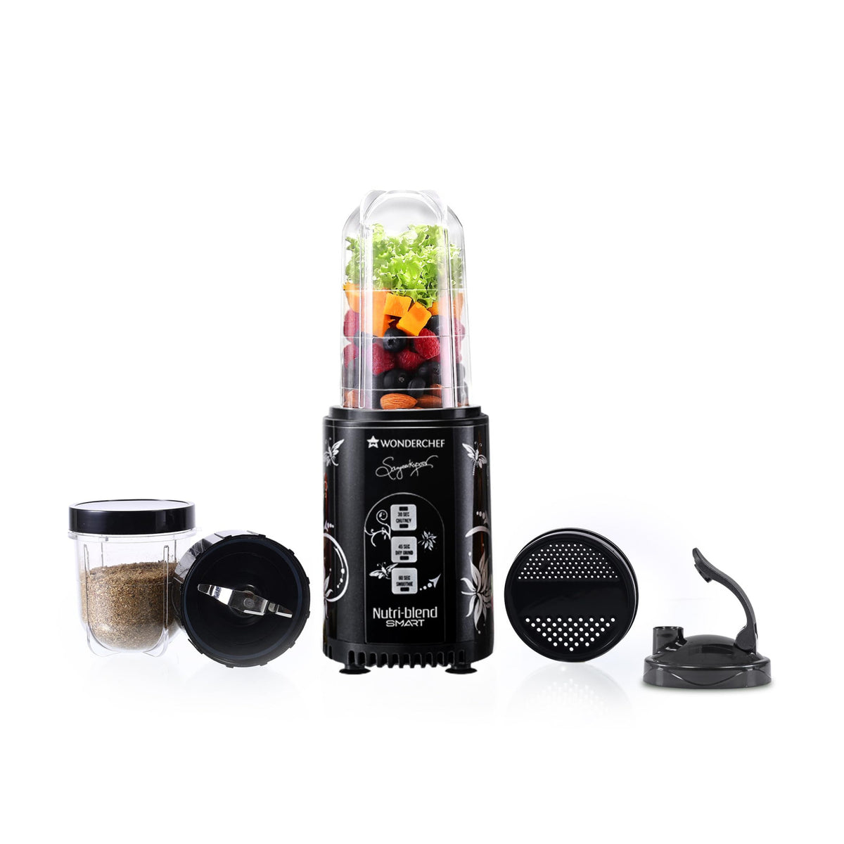 Wonderchef Nutri-blend Smart black mixer grinder with tall jar of fruit and greens, a short grinding jar of spice, blade assemblies and lids