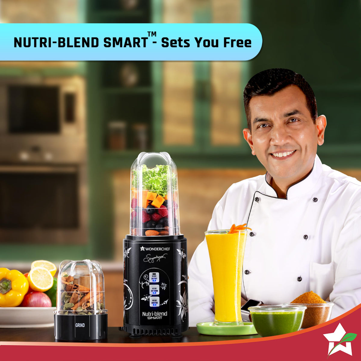 Wonderchef Nutri-blend Smart mixer grinder with both jars on a kitchen counter beside a smoothie, chutney and masala