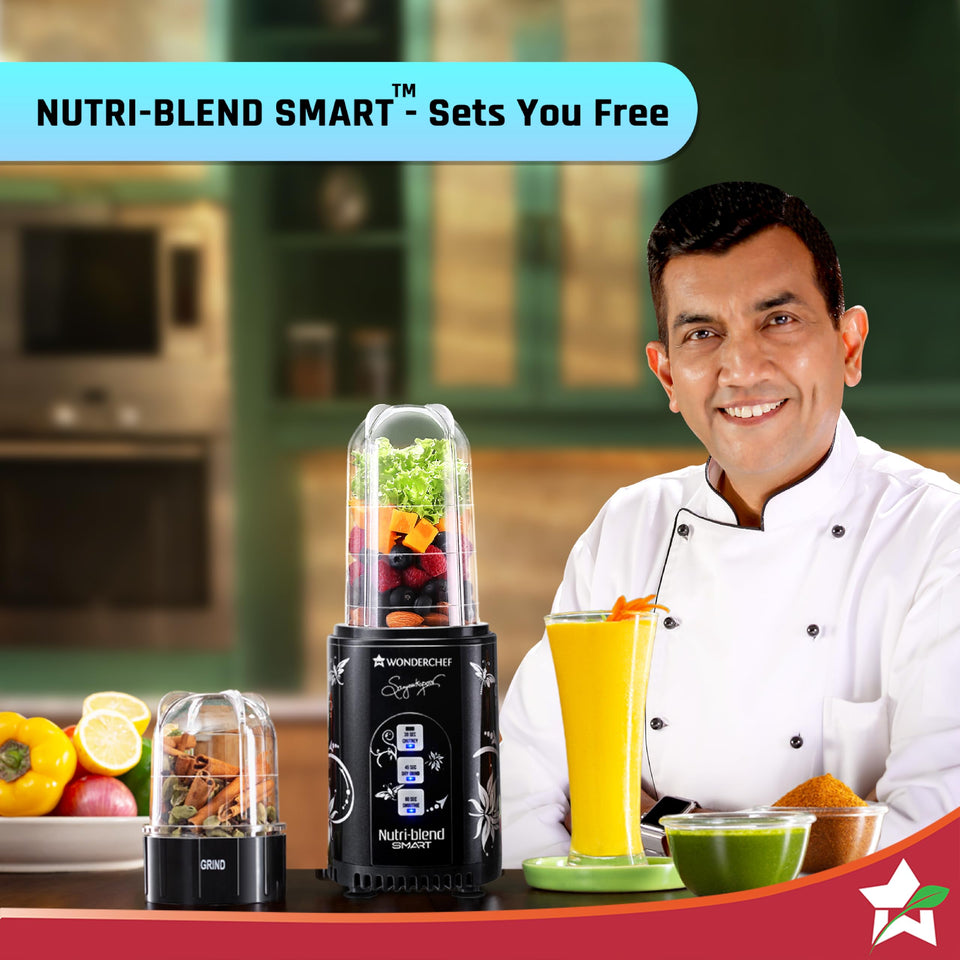 Wonderchef Nutri-blend Smart mixer grinder with both jars on a kitchen counter beside a smoothie, chutney and masala